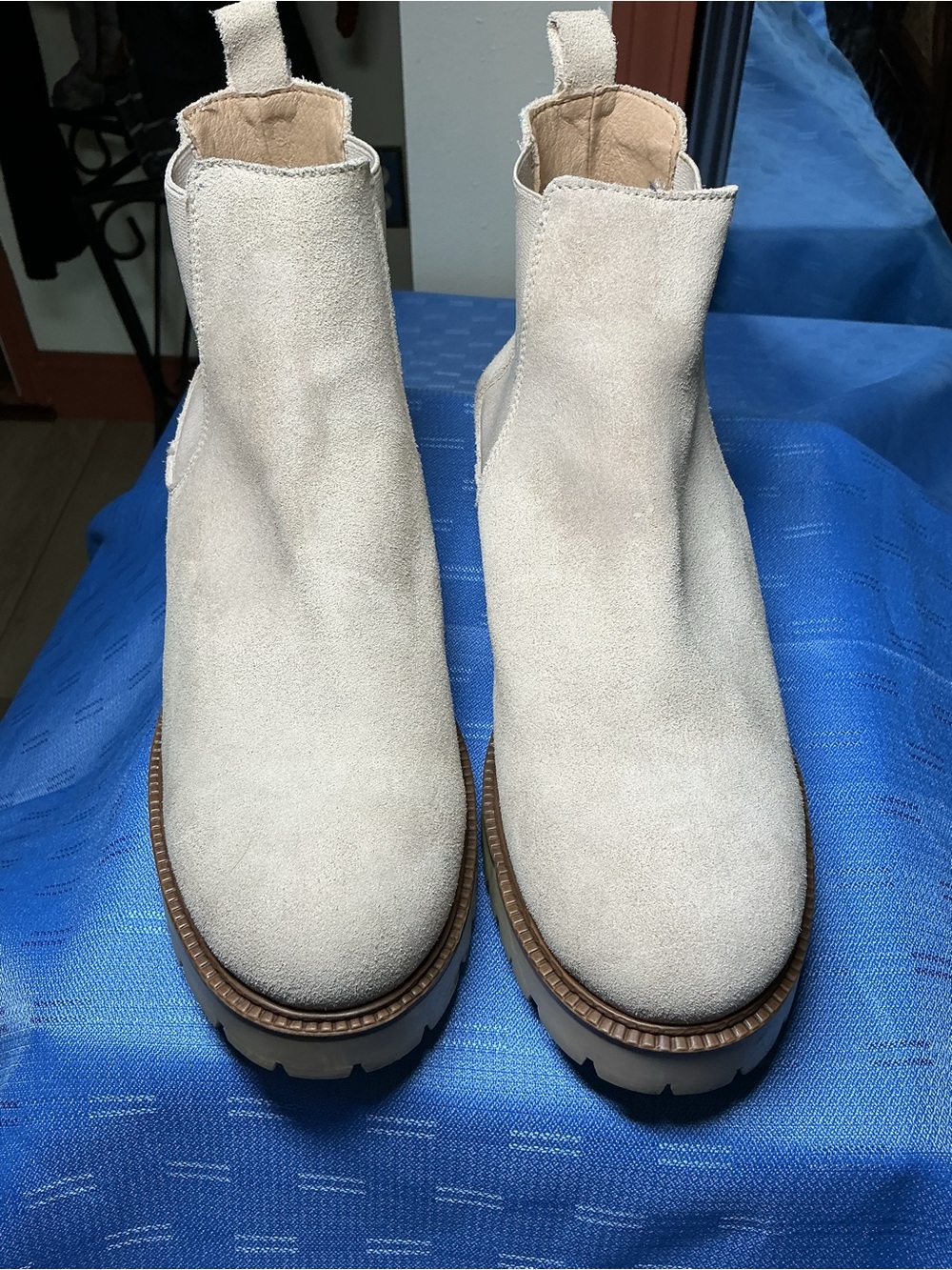 Women's Light Beige Suede Chelsea Booties with Chunky Sole